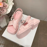 Fashion Crystal Buckle Platform Sandals Women Pink Embroidery Thick Heels Sandalias Mujer Comfortable Heightened Rome Sandals