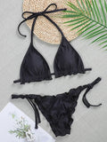 Ribbed Ruffled Frilled Brazilian Bikini Women Swimsuit Female Swimwear Two Pieces Bikini Set Halter String Bathing Suit Swim