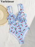 S - XL Cherry Printed Plaid Cut Out One Piece Swimsuit Women Swimwear Female Frilled High Leg Cut Bather Bathing Suit Swim V7557