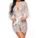 See Through Lace Babydoll Women Sexy Lingerie Erotic Transparent V-Neck Nightwear Robe G-string Robe Sleepwear Dress