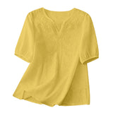 Women Summer Loose Embroidered V Neck Solid Color Short Sleeved Comfortable Button Down Shirt Top женская одежда