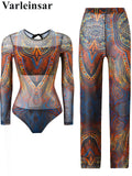 S - XXL New Printed Long Sleeve With Pants Women Swimwear One Piece Swimsuit Female Floral Padded Bather Bathing Suit Swim V7176