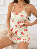 Women Summer Pajama Set Soft Casual Cherry Print Strap Cami Top and Ruffle Shorts Set Homewear Loungewear Clothes