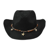 Women Men Straw Cowgirl Hat Starfish Shell Decor Western Panama Jazz Hat Summer Sun Hat for Travel Beach