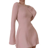 Women Spring Autumn Mini Dress Long Sleeve Crew Neck Backless Solid Color A-line Dress for Party Club