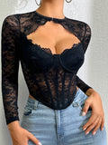 Solid Color Slim Low-Cut Tube Top Lace Mesh Patchwork Lace Sexy Hollow Out Fishbone Top Long Sleeve Vest Transparent Charm NJWG