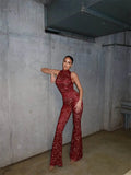 Summer Jumpsuits Women Sexy High Neck Sleeveless Sheer Mesh Solid Lace Flare Pants Slim Bodycon Elegant Formal Club Party Romper