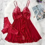 Elegant Transparent Red Lingerie Women's Underwear Sleepwear Lace Nightdress Panty Pijamas Sets Female Babydoll