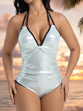 2026 V-neck Hot Stamping Monokini Swimsuit Women One Piece Hollow Swimwear Female Sexy Bathers Bathing Swimming Swim Suit Beach