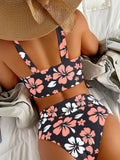 Sexy Black Floral Print Bikini Set 2026 Women V Neck Cross Push Up Bra High Waist Swimsuit Beach Bathing Suit Holiday Swimwear