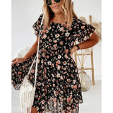 Summer Lady Ruffle Mini A Line Dress Women Casual Floral Print Dresses O Neck Elegant Short Sleeve Midi Dress Vacation Vestidos