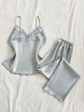 Two Piece Women's Pajamas Set with V Neck Lace Design Top Long Pants Fashionable And Comfortable For Spring And Summer Seasons