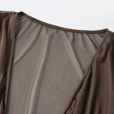 Women's Summer Solid Color Sheer Beach Mini Dress Long Sleeve Deep V Neck Swim Cover Up Swimwear for Pool Vacation