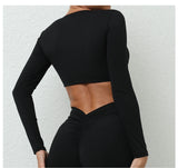 Long Sleeve Gym Crop Tops for Women Twist Deep V Workout Quick Dry Padded Sports Fitness Yoga T-Shirt
