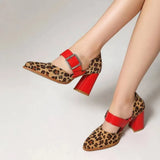 Spring  Autumn New Model Fashion High Heels Nude Shoes Color Blocking Pointed Tip Buckle Leopard Print Sexy Party Women's Shoes