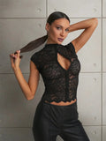 Ahagaga Summer Chic Lace Patchwork Tops Tees Sexy Sleeveless High Neck Hollow Out Slim Regular Elegant Club T-Shirt for Ladies