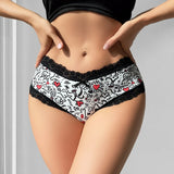 1pcs Low Waist Print Decor Sexy Lace Women's Panties Patchwork Elegant Sexy Lingerie Breathable Comfortable Fashion Lady Briefs