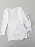 2026 Beach Skirt Swimsuit Women White Three-Piece Bikini Sexy Mesh Long Sleeve Hollow Out Bathing Suit Swimwear Summer Beachwear