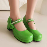 Pearl Beaded High Heels Shoes Ladies Wedding Mary Janes Block Heeled Pumps Woman Hook&Loop Tacones Wedges Escarpins Femme