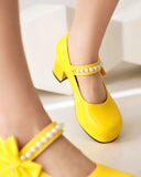 Pearl Beaded High Heels Shoes Ladies Wedding Mary Janes Block Heeled Pumps Woman Hook&Loop Tacones Wedges Escarpins Femme