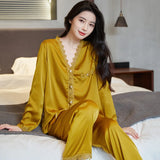Spring and summer ice silk pajamas sexy lace long-sleeved cardigan home wear set