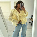 Women's Layered Bell Sleeve Blouse Yellow Ruffled Sheer Blouse V Neck Tie Front Long Sleeve Casual Top With Puffed Sleeves BLZW