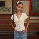 FDYOUI Fashion Casual Swinging Collar T-shirts Y2K Woman Clothes Short Sleeve Buttons Corset T Shirt Ladies Solid Crop Tops Tees