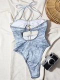 Denim Printed Halter Cut Out One Piece Swimsuit Women Swimwear Female High Cut Monokini Bather Slim Bathing Suit Swim Bodysuit