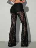 Women's summer lace see-through high-waist flared pants sexy bootcut trousers hot girl style