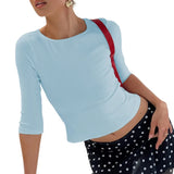 Minimalist Basic Ribbed Knit Top Women 3/4 Sleeve O neck Cropped T-Shirt Lady Summer Streetwear Y2K Casual Blouse Women Clothing