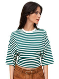 Women Summer Fashion Casual Elbow Sleeve T-Shirts Stripe Cinched Waist Crew Neck Tops Streetwear