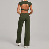 Women's Tracksuit Yoga Sets Back Hollow Out Short Sleeve Sports Shirts High Waist Straight Leg Pants Gym Running Fitness Suits