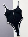 Sexy High Leg Cut Zipper Splicing Women Swimwear One Piece Swimsuit Female Monokini Black Contrast Bathing Suit Swim Beach Wear