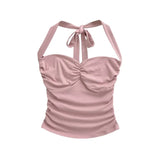 New Women's Fashion Sexy Backless Halter Neck Tie-up Ruched Tube Top Ultra-short Camisole Top In Solid Color Pure Desire F1MR