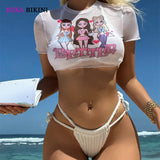 DEKA Girl Three-Piece Bikini Set High Cut Women Mesh Sheer Srappy Thong Swimwear Female Lace-up Swimsuit Bather Bathing Suit