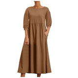 Womens Casual Summer Cotton Dress With Pockets 3/4 Sleeve Loose Midi Shirt Dress Women Dresses With Short Sleeves Vestidos