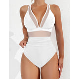 S - XL New Sexy Mesh Sheer V Neck Women Swimwear One Piece Swimsuit Female High Leg Cut Monokini Bather Bathing Suit Swim V5136