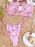 Tie Dye Pleated Ruffled Bikinis Bandeau Bikini Women Swimsuit Female Swimwear Two-pieces Bikini Set Hollow Out Bathing Suit Swim