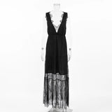 Sexy Deep V-neck Sleeveless Lace Dress Streetwear Women 2026 Backless Tunics A-line Party Dresses Long Maxi Robe Black White