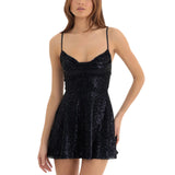Women Sexy Solid Color Shiny Sequins Mini Dress Summer Sleeveless Backless A-Line Dress for Party Cocktail Beach