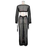 DEKA New Sexy Knit Mesh Cut Out Deep V Neck Long-sleeve Lace-up Fringe Tunic Summer Women Swimsuit Cover-ups Beach Maxi Dress