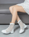 Women White Gladiator Ankle Boots Round Toe Square Heel  Breathable Mesh Large Size 34-45 Sweet Princess Cool Sandals Boots New
