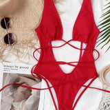 Sexy Red Swimsuit Micro String Bikini Hollow Out Backless Monokini Women One-Piece Vacation Swimwears Bikinis Beach Bathing Suit