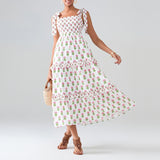 Flower Print Tie Strap Swing Dress Women A-Line Square Neck Tiered Ruffled Summer Bohemian Beach Long Tank Dress