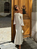 Off Shoulder White Lace Party Dress Flare Sleeve Bowknot Party Maxi Dress Sexy Elegant Summer Bodycon Vestidos Embroidery Robe