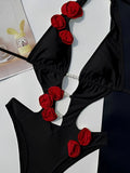 2026 V-neck Halter Monokini 3D Floral Swimsuit Women One Piece Hollow Swimwear Female Sexy Bathers Bathing Swimming Swim Suit