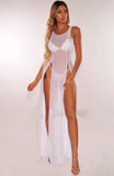 Summer Bikini Cover Up Women Beach Sundress Sexy Mesh Sheer Long Dress Solid See-through Sleeveless Strap Beach Dress