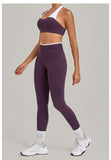 2 Pieces Color-block Yoga Sets Women  Hanging Neck Sports Bra High Waist Pants Built-in Pockets Outdoor Fitness Workout Suit