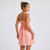 Women's Spaghetti Strap Mini Dress Striped Print Bow Sleeveless Babydoll Dress Summer Bohemian Holiday Beach Flowy Dresses