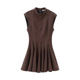 Foridol Stand Collar Sleeveless Pleated Tank Dress for Women Brown Casual Short Autumn Winter Dress Zip Black Ladies Vestidos